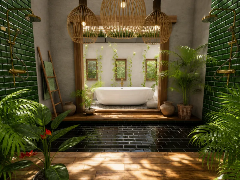 Luxurious tropical bathroom with a white freestanding tub, glossy green wall tiles, brass showers, woven pendant lights, and abundant indoor plants.