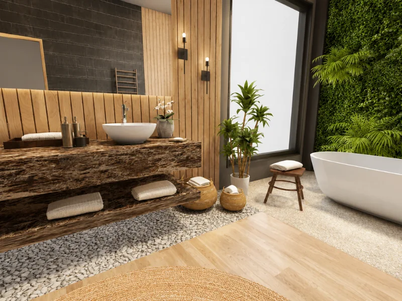 Modern spa-style bathroom with a rustic wood vanity, vessel sink, freestanding tub, pebble flooring, indoor plants, and a lush green living wall.