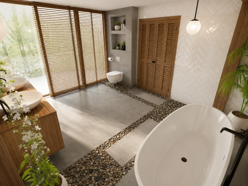 Bright modern bathroom with a white freestanding tub, double vessel sinks, wood cabinetry, pebble floor accents, wooden blinds, and indoor plants.