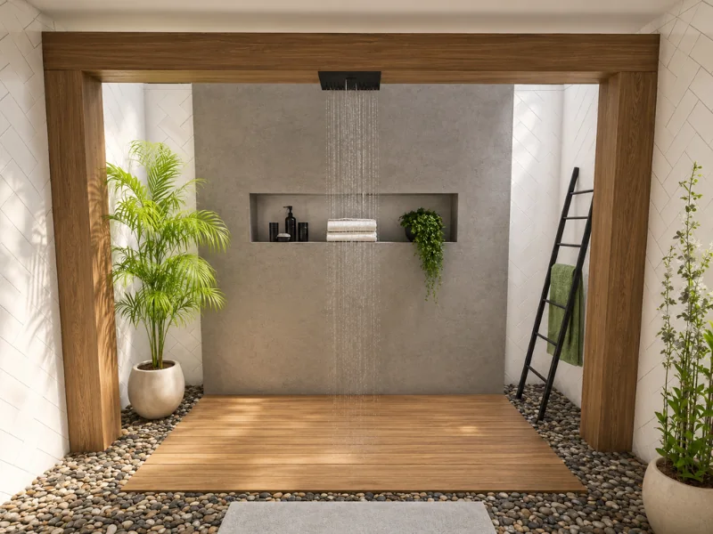 Spacious modern walk-in shower with a rainfall showerhead, wood-look platform, pebble borders, built-in wall niche, towel ladder, and potted plants.