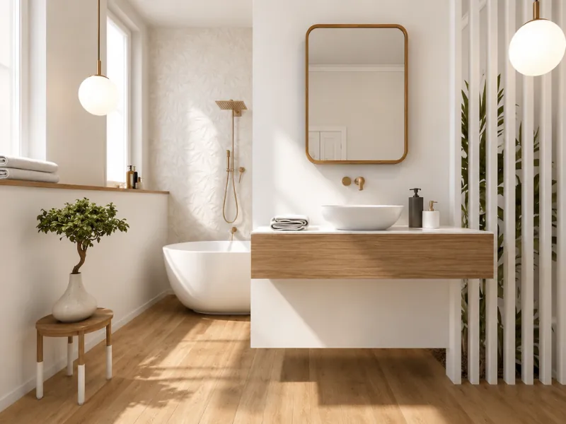 Bright Scandinavian-style bathroom with a floating wood vanity, vessel sink, freestanding tub, brass fixtures, globe pendant lights, and natural greenery.