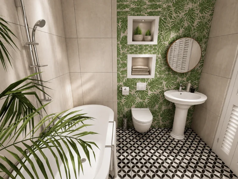 Compact tropical-style bathroom with green botanical wallpaper, a white bathtub and shower, pedestal sink, wall-mounted toilet, patterned floor tiles, and indoor plants.