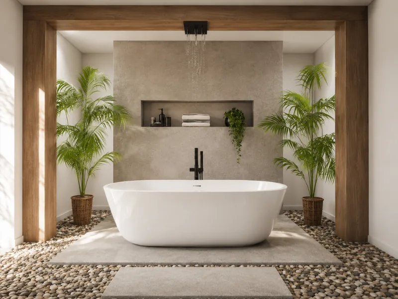 Serene spa-style bathroom with a white freestanding tub, overhead rainfall shower, warm wood framing, pebble flooring, recessed storage, and symmetrical potted palms.