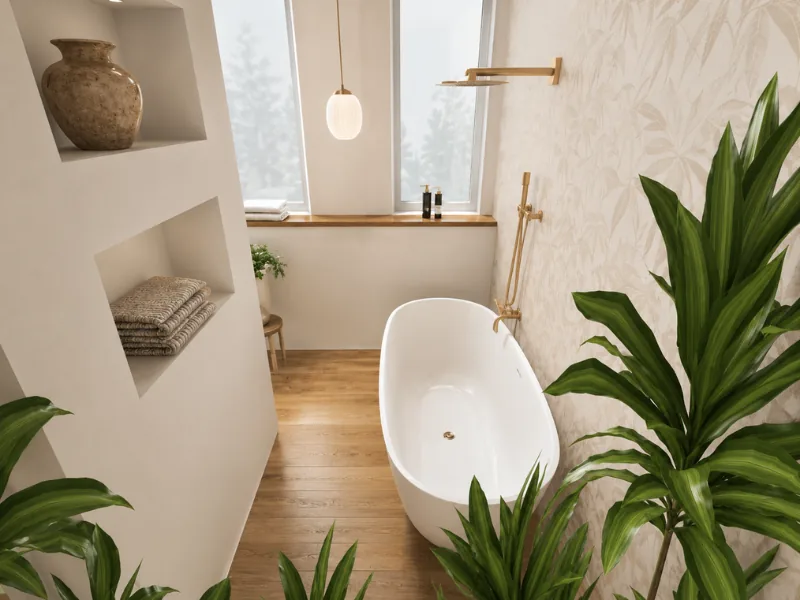 Serene modern bathroom with a white freestanding tub, warm wood flooring, brass shower fixtures, built-in wall niches, soft botanical wallpaper, and lush green plants.
