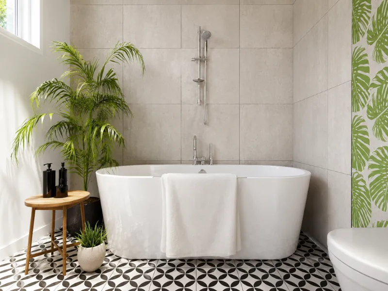 Bright tropical bathroom with a white freestanding tub, gray wall tiles, black-and-white patterned flooring, a potted palm, and green leaf wallpaper.
