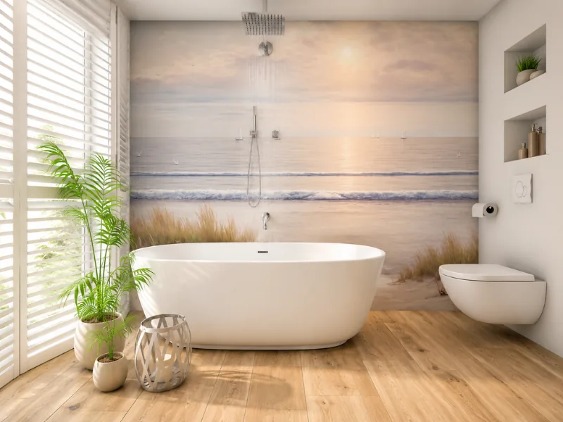 Bright coastal bathroom with a white freestanding tub, wall-mounted toilet, ocean-view mural, rainfall shower, wood flooring, indoor plants, and white window shutters.
