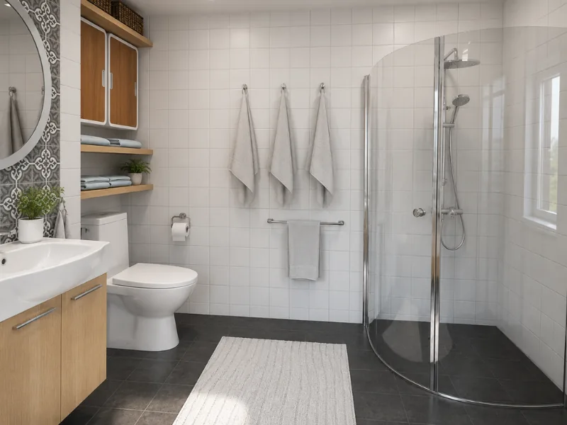 Bright bathroom featuring DIY storage ideas, including open wooden shelves, compact wall cabinets, towel hooks, and organized toiletries beside a curved glass shower.