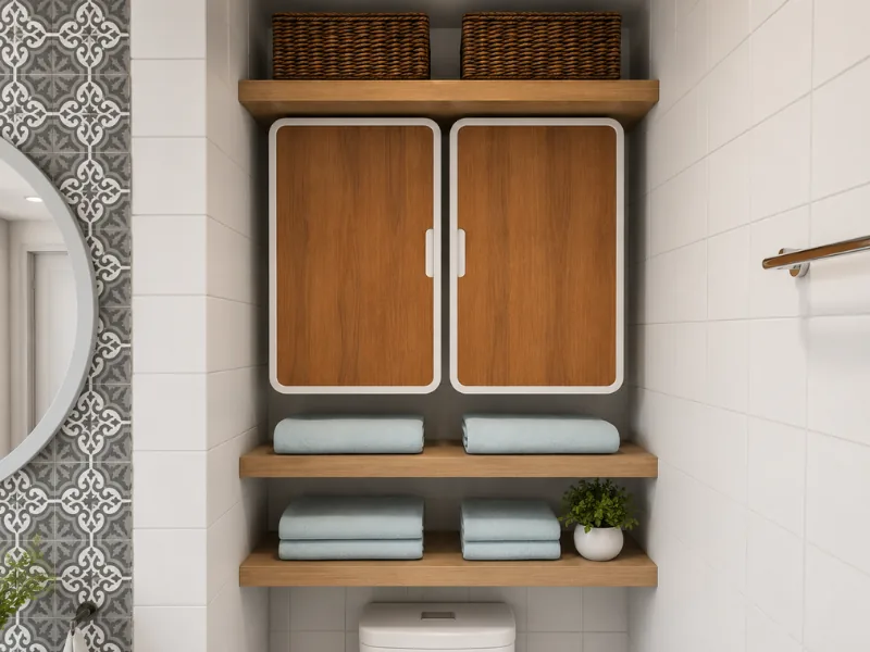 DIY bathroom storage setup with a compact wall cabinet, open wooden shelves, woven baskets, neatly folded towels, and a small potted plant above the toilet.