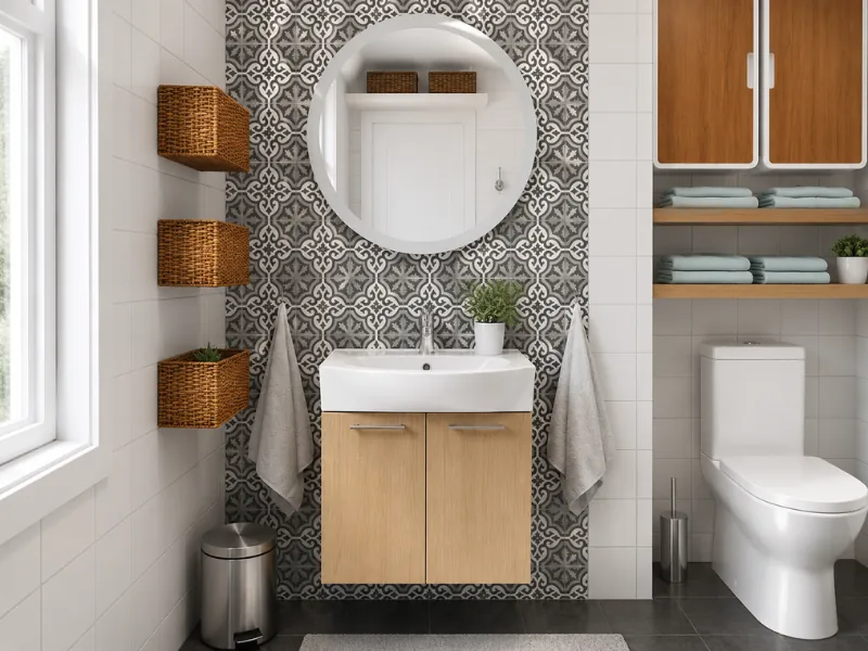 Compact bathroom with wall-mounted wicker baskets, a floating vanity, patterned accent tiles, and open shelving with folded towels above the toilet.