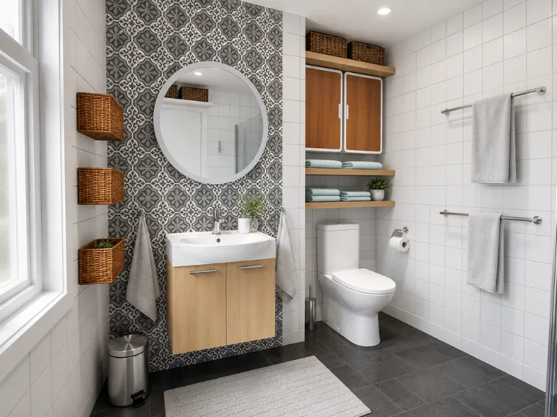 Small bathroom with wall-mounted wicker baskets, a floating vanity, patterned accent tiles, open shelves and cabinets above the toilet, and multiple towel rails.