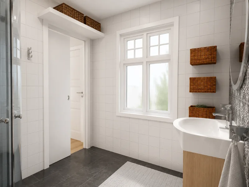 Bright bathroom with wall-mounted wicker baskets, over-door storage shelves, a compact wood vanity, large window, white tiled walls, and a glass shower.