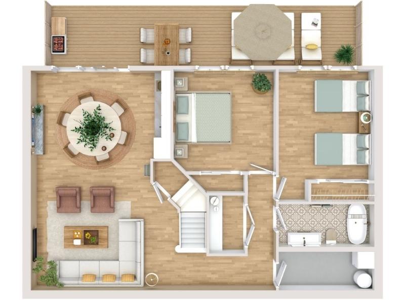 3D floor plan of a small basement apartment with an open living and dining area, kitchen, two bedrooms, and a bathroom. The layout includes a deck with outdoor seating and dining space.