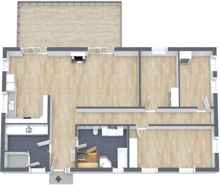 3D floor plan of a single-story apartment with light wood flooring. The layout includes a large open living and dining area, a kitchen, bathroom with sauna, laundry room, and four smaller rooms. A large terrace is shown at the top.
