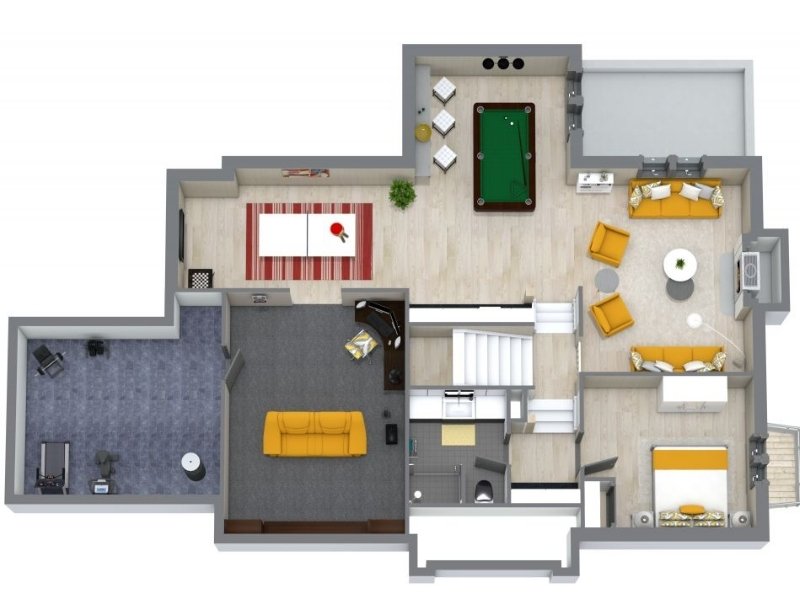 3D floor plan of a finished basement with a bedroom, bathroom, living room, and multiple entertainment areas. The layout includes a TV area with a yellow sofa, a game room with a pool table, a ping-pong table, and a home gym.