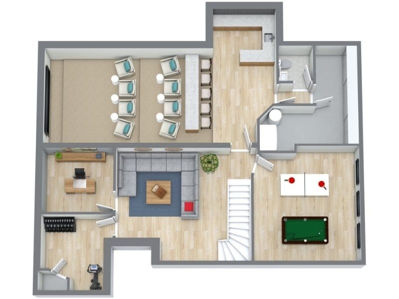 3D floor plan of a finished basement featuring a large home theater with recliners, a bar area, living room with sectional sofa, home office, gym nook, and game area with pool and ping-pong tables. Created with the RoomSketcher app.