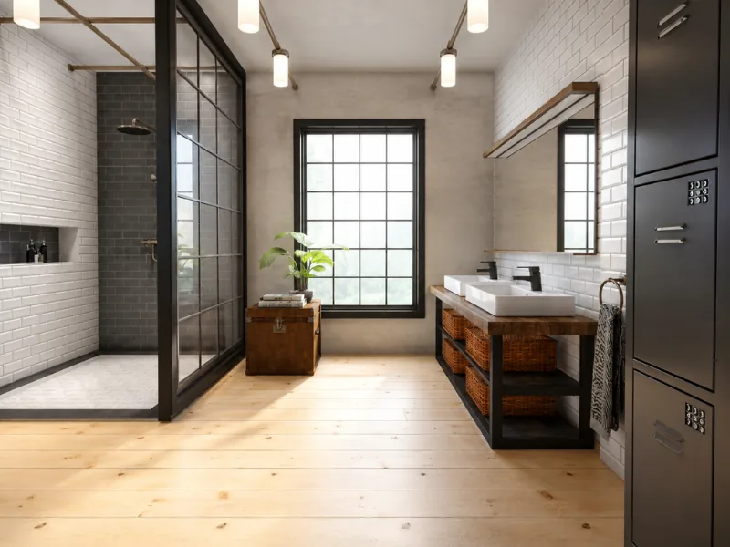 Loft-style bathroom with a black-framed glass shower, white subway tiles, open wood-and-metal vanity, woven storage baskets, tall black cabinets, and large grid windows.
