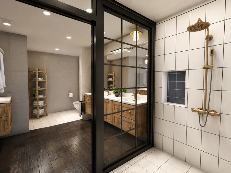 Spacious loft bathroom with a black-framed glass wet room, brass rainfall shower, white grid tiles, rustic wood vanities, dark flooring, and open ladder shelving.