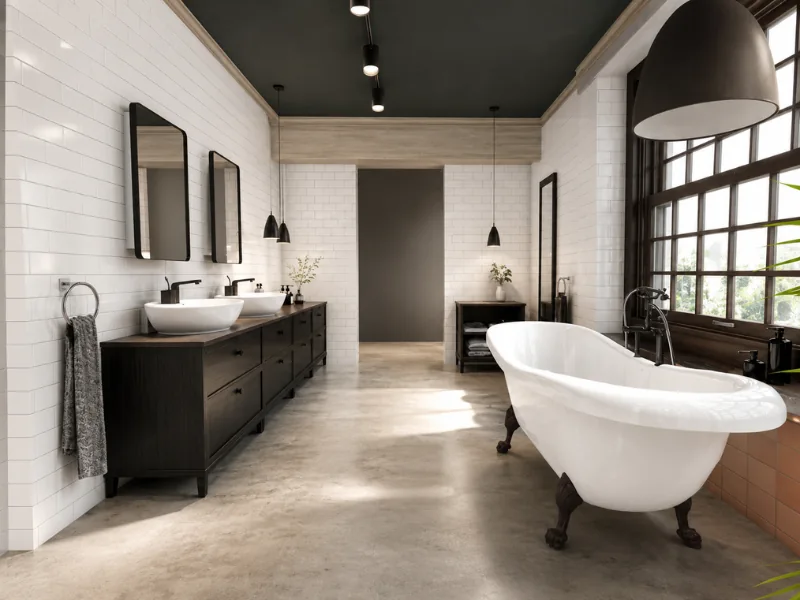 Spacious industrial-style bathroom with a white clawfoot tub, black double vanity, vessel sinks, subway tile walls, concrete flooring, pendant lights, and large grid windows.