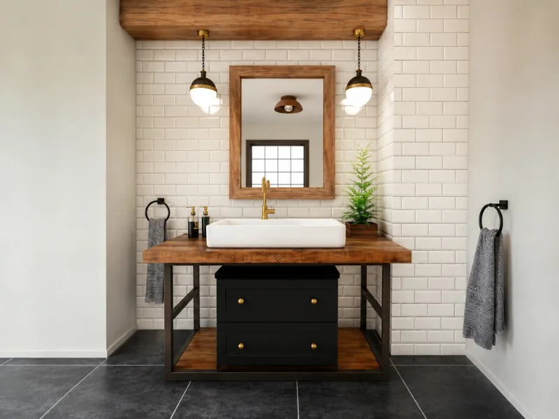 Industrial-style bathroom vanity with a rustic wood countertop, black metal frame, vessel sink, brass faucet, subway tile backsplash, pendant lights, and framed mirror.