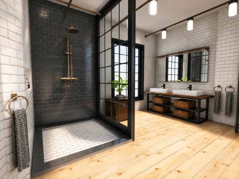 Industrial-style bathroom with a black-framed glass shower, dark subway tiles, brass fixtures, double vessel sinks, open basket storage, and warm wood flooring.