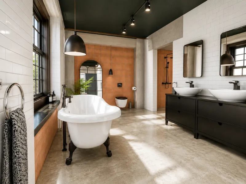 Spacious industrial bathroom with a white clawfoot tub, black double vanity, vessel sinks, terracotta accent walls, subway tiles, concrete flooring, and grid windows.