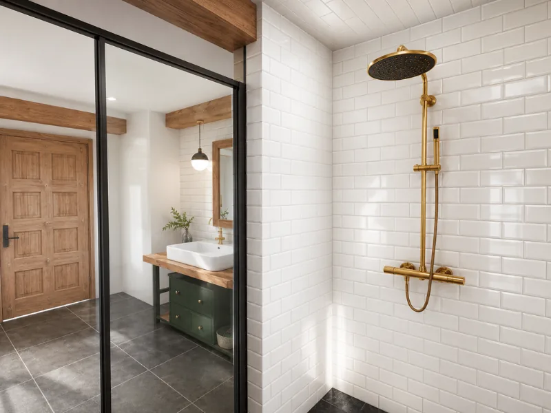 Industrial wet room with white subway tiles, a brass rainfall shower, black-framed glass partition, exposed wood beams, dark floor tiles, and a rustic wood vanity.