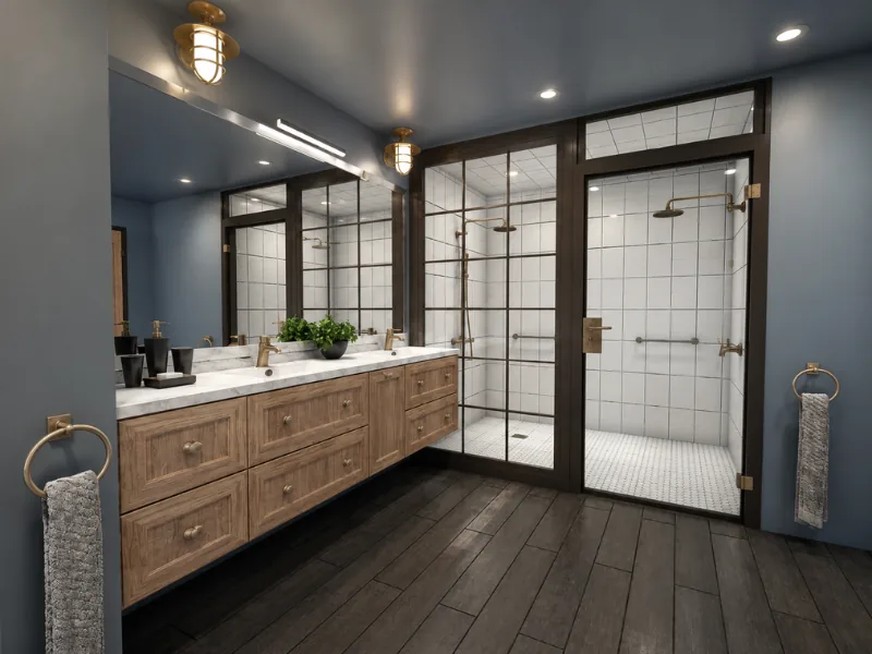 Industrial-style bathroom with a long wood double vanity, black-framed glass shower enclosures, white grid tiles, dark wood flooring, brass fixtures, and blue-gray walls.