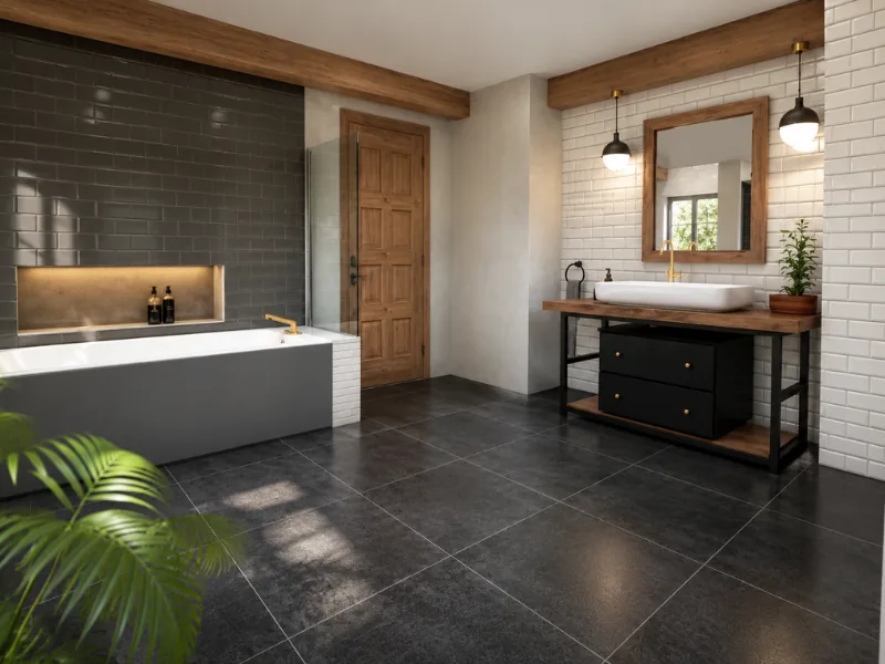 Industrial-style bathroom with a built-in tub, dark subway tiles, rustic wood vanity, vessel sink, black metal frame, pendant lights, and exposed wood beams.