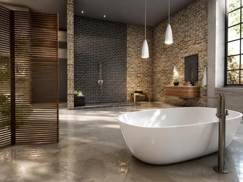 Spacious loft bathroom with exposed brick walls, a white freestanding tub, black subway tile shower, floating wood vanity, pendant lights, and polished concrete flooring.