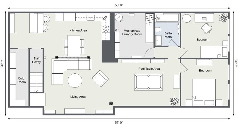 2D floor plan of a basement apartment showing a living area, kitchen, two bedrooms, bathroom, laundry and mechanical room, and a pool table area. Measurements are labeled along the walls.
