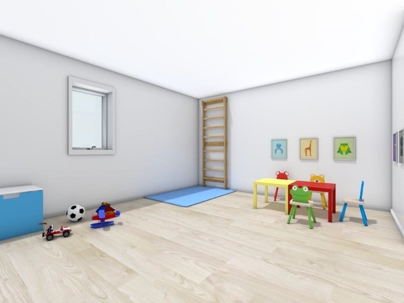 3D photo of a bright playroom with light wood floors, small colorful tables and chairs, wall art with animal prints, and toys on the floor. A blue gym mat and wall ladder are placed in the corner.