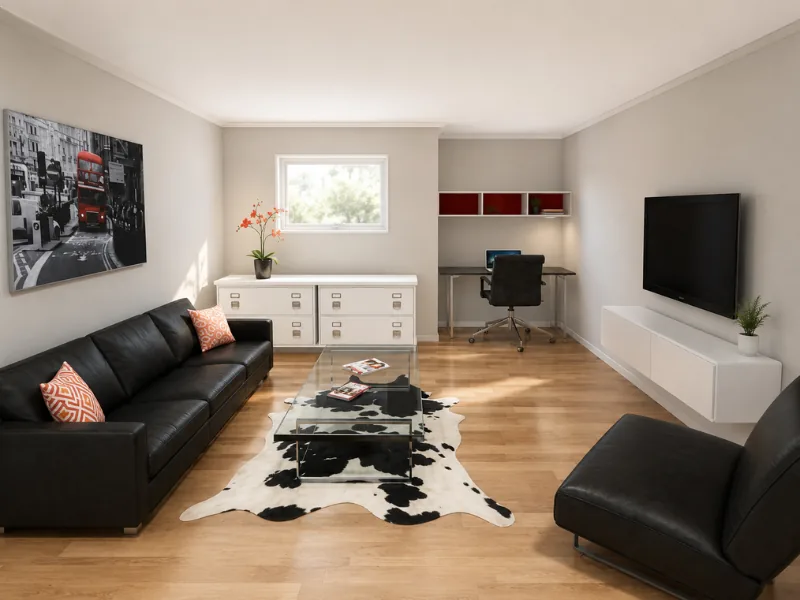 Modern home office and lounge with a compact wall-mounted desk, black leather seating, floating TV console, glass coffee table, wood flooring, and built-in storage.