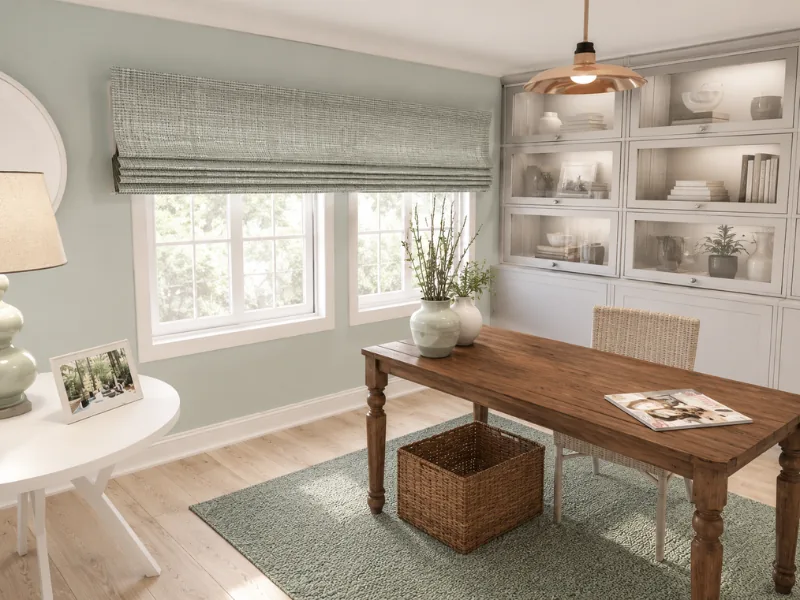 Bright traditional home office with a rustic wood desk, woven chair and storage basket, built-in glass-front cabinets, soft green walls, and Roman shades.