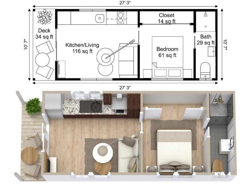 One-bedroom floor plan under 500 square feet shown in both 2D and 3D. The layout includes a combined kitchen and living area, a bedroom with a closet, a compact bathroom with a walk-in shower, and a small outdoor deck.