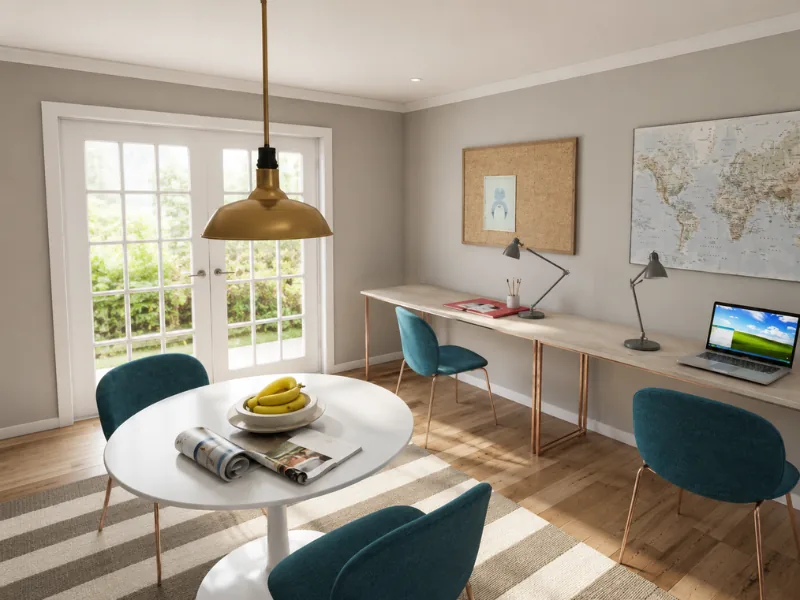 Bright shared home office with a long two-person desk, teal upholstered chairs, round meeting table, world map, corkboard, pendant light, and French doors.