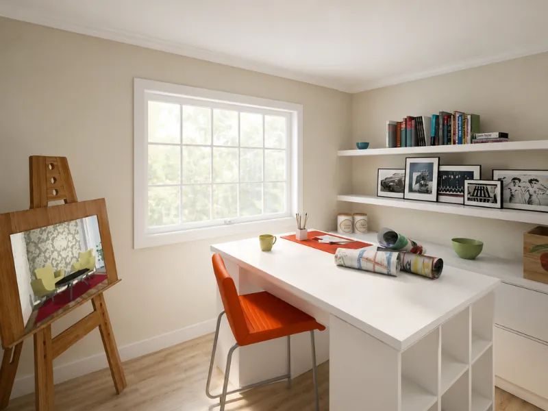 Bright creative home office with a large white drafting table, orange chair, art easel, rolled plans, floating shelves, framed photos, and built-in storage.