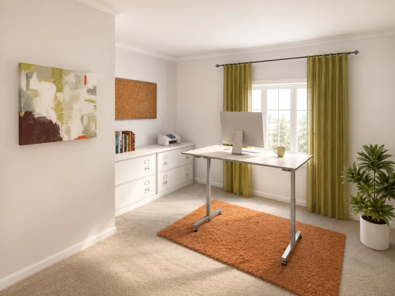Bright modern home office with a height-adjustable standing desk, large monitor, built-in filing cabinets, green curtains, orange area rug, abstract art, and a potted plant.