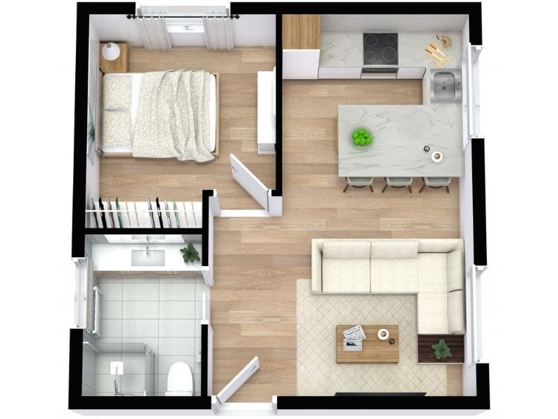 One-bedroom floor plan under 500 square feet with an open kitchen, dining island, and living room. The layout includes a bedroom with a closet and a compact bathroom with a walk-in shower.