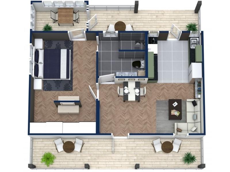 3D Floor Plan of a one-bedroom apartment created in the RoomSketcher app. The layout includes a bedroom, open living and dining area, kitchen, and bathroom. There are two balconies with outdoor seating. The apartment features wood flooring in the main areas, tile in the kitchen and bath, and modern furniture throughout.
