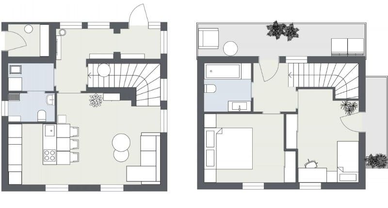 2D Floor Plan of a two-story home. The ground floor includes a kitchen with dining area, living room, small bathroom, and staircase. The upper floor has two bedrooms, a bathroom with bathtub, and access to a terrace with outdoor seating.