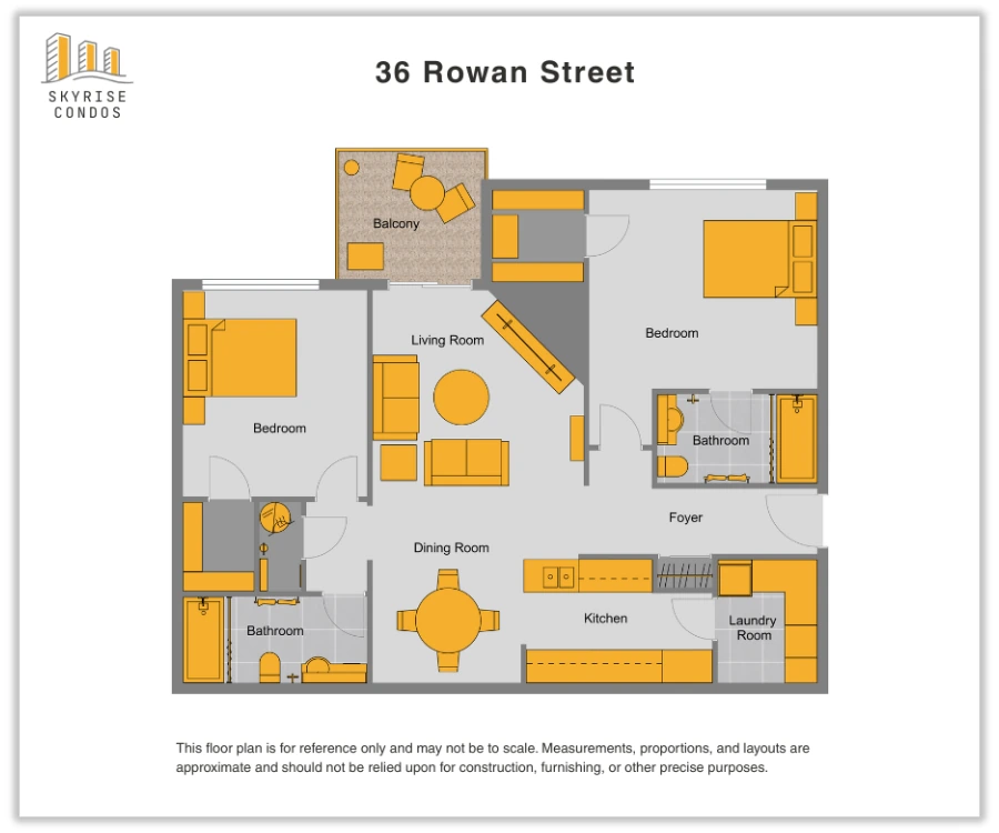 Branded floor plan letterhead labeled “36 Rowan Street,” including a logo, property title, and a fully furnished apartment floor plan presented in a document-style layout.