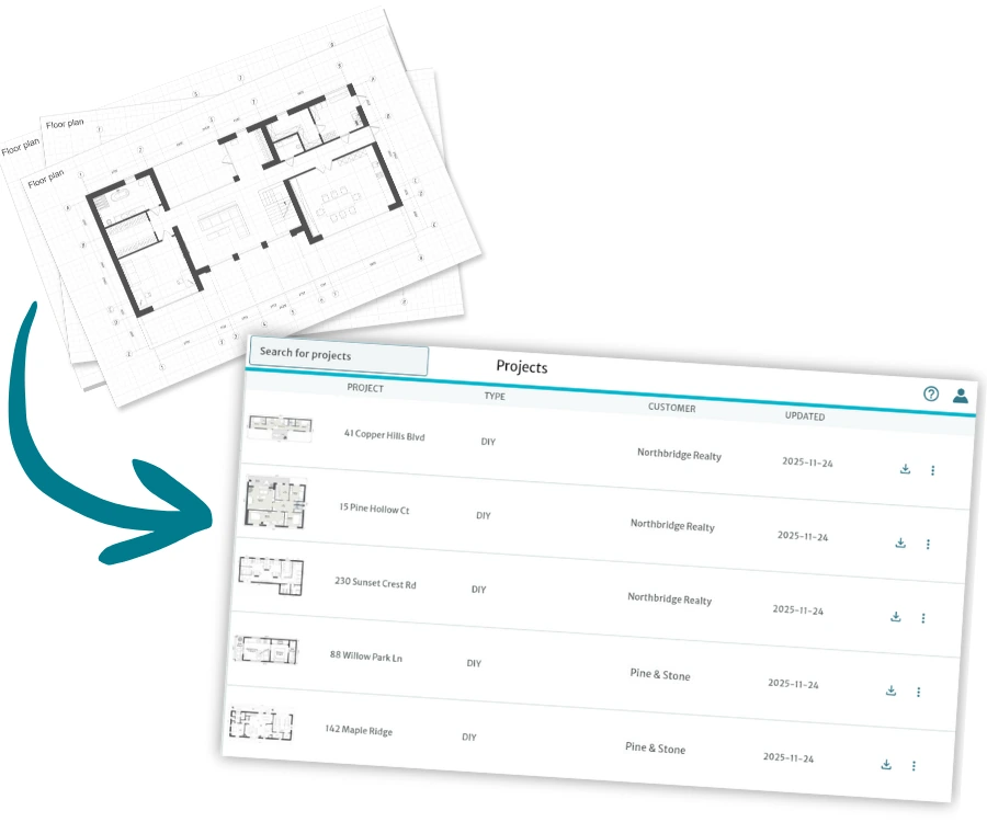 Projects overview in RoomSketcher, showing a searchable list of floor plan projects with thumbnails, customer names, and update status.