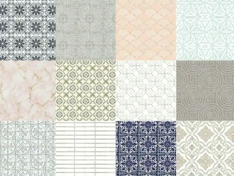 A collection of 15 tile pattern samples arranged in a 3 by 5 grid. The designs range from vintage and geometric to marble and scalloped styles, featuring a variety of colors like navy blue, beige, gray, and soft pastels. The patterns include floral motifs, mosaic layouts, circular textures, and modern minimal lines.