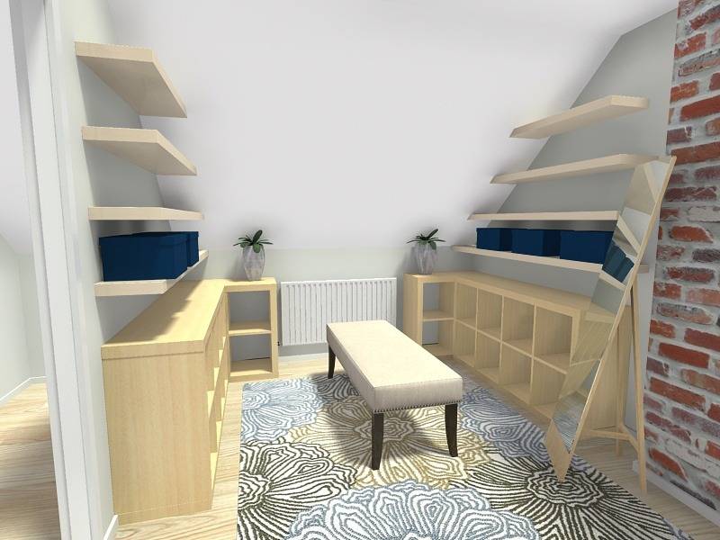 A stylish attic room designed to make the most of sloped ceilings. The space features custom shelving that follows the angle of the ceiling, low storage units, and a bench in the center. A patterned rug, wall mirror, and decorative plants add a cozy touch, while natural wood tones and brick detail create a warm, inviting atmosphere.