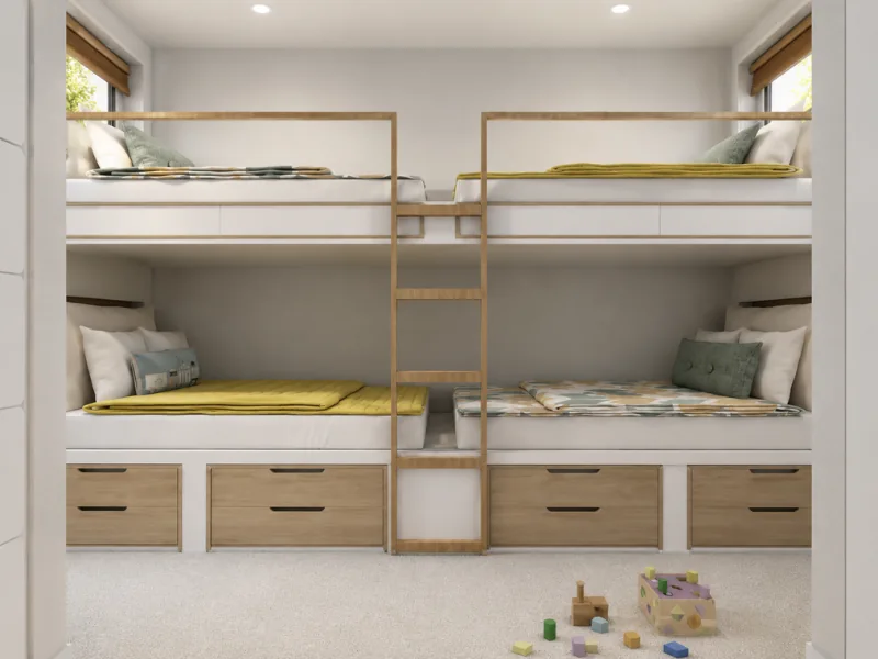 Bright kids’ bunk room with four built-in beds, a central ladder, integrated drawers, soft green and yellow bedding, and toys on the floor.