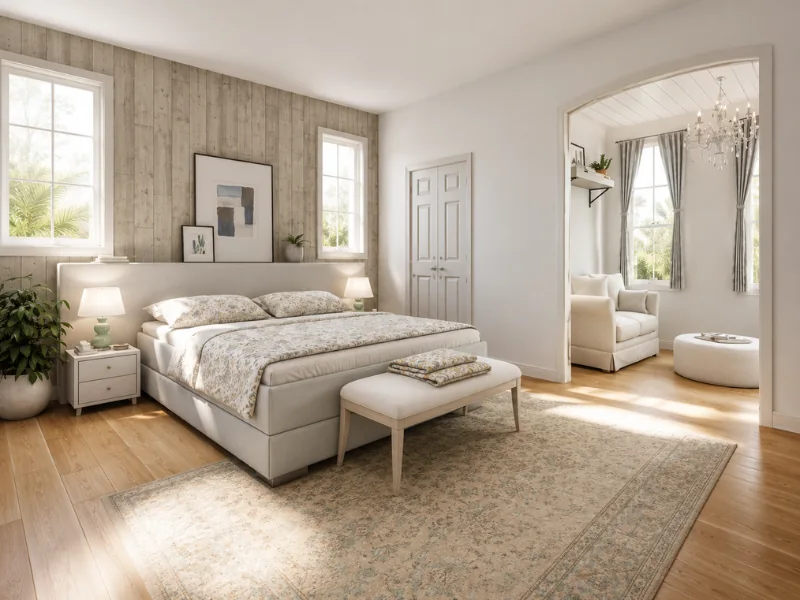 Bright primary bedroom with a neutral upholstered bed, wood accent wall, soft patterned rug, bedside tables, and an arched opening to a cozy sitting room.