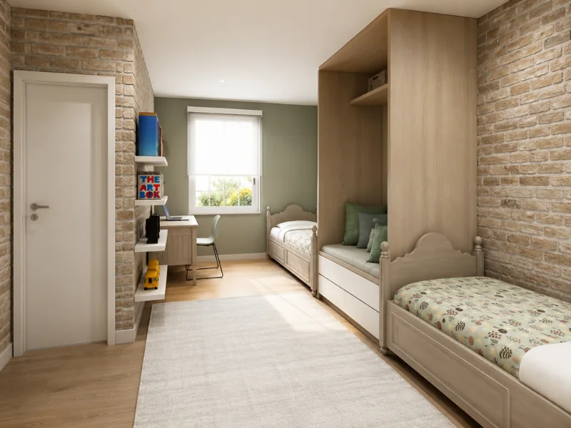Narrow shared kids’ bedroom with two single beds, exposed brick walls, a built-in window seat with drawers, compact study desks, and open shelving.
