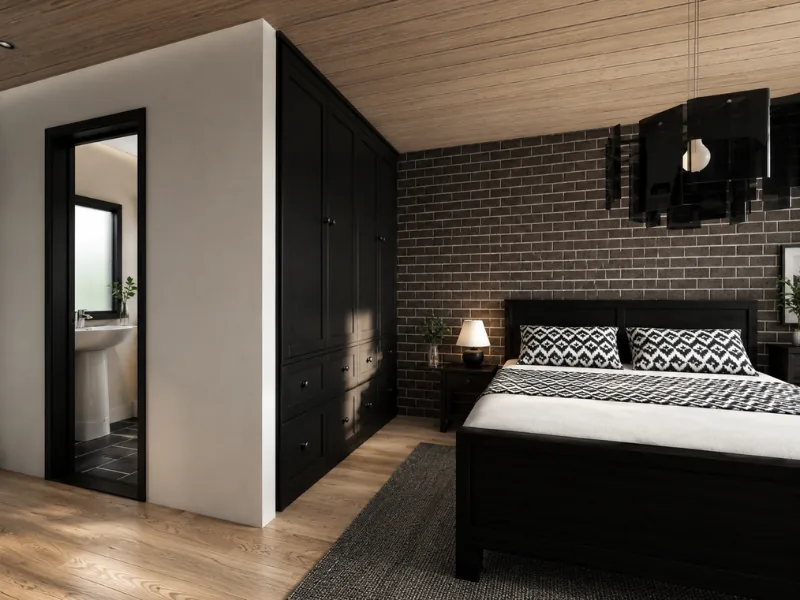 Modern bedroom with a black brick accent wall, matching bed and built-in wardrobe, patterned bedding, wood-paneled ceiling, and an adjoining bathroom.