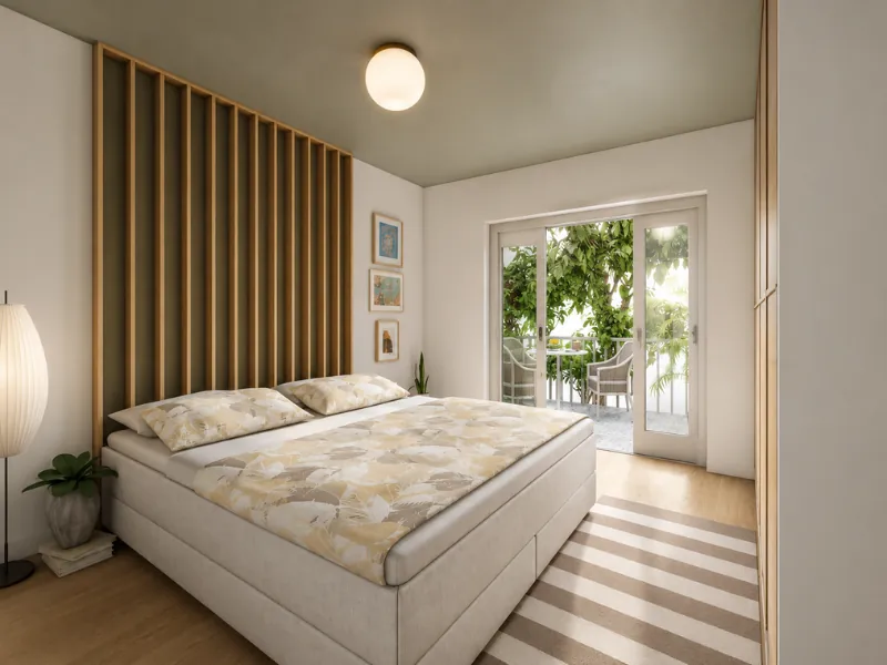 Bright modern bedroom with a wood slat headboard, upholstered bed, striped rug, built-in wardrobe, globe ceiling light, and glass doors opening to a leafy balcony.