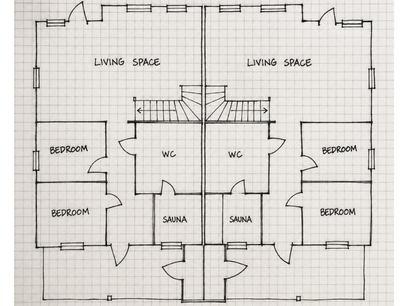 Hand-drawn floor plan with two living spaces, four bedrooms, two WCs, two saunas, and central stairs.